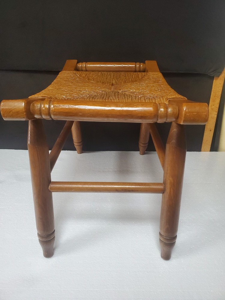 Mid Century Solid Wood Woven Rush Footstool