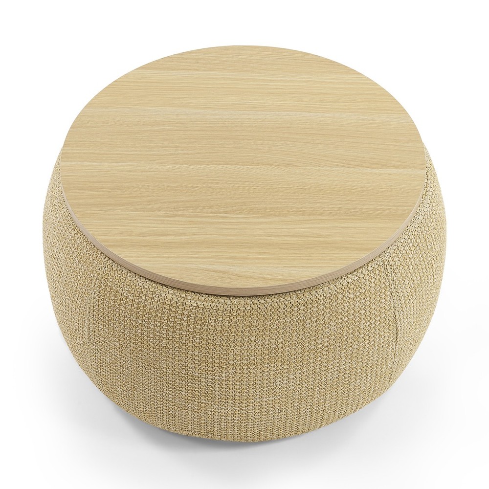 Round Storage Ottoman 2 in 1 Function Work as End Table Natural