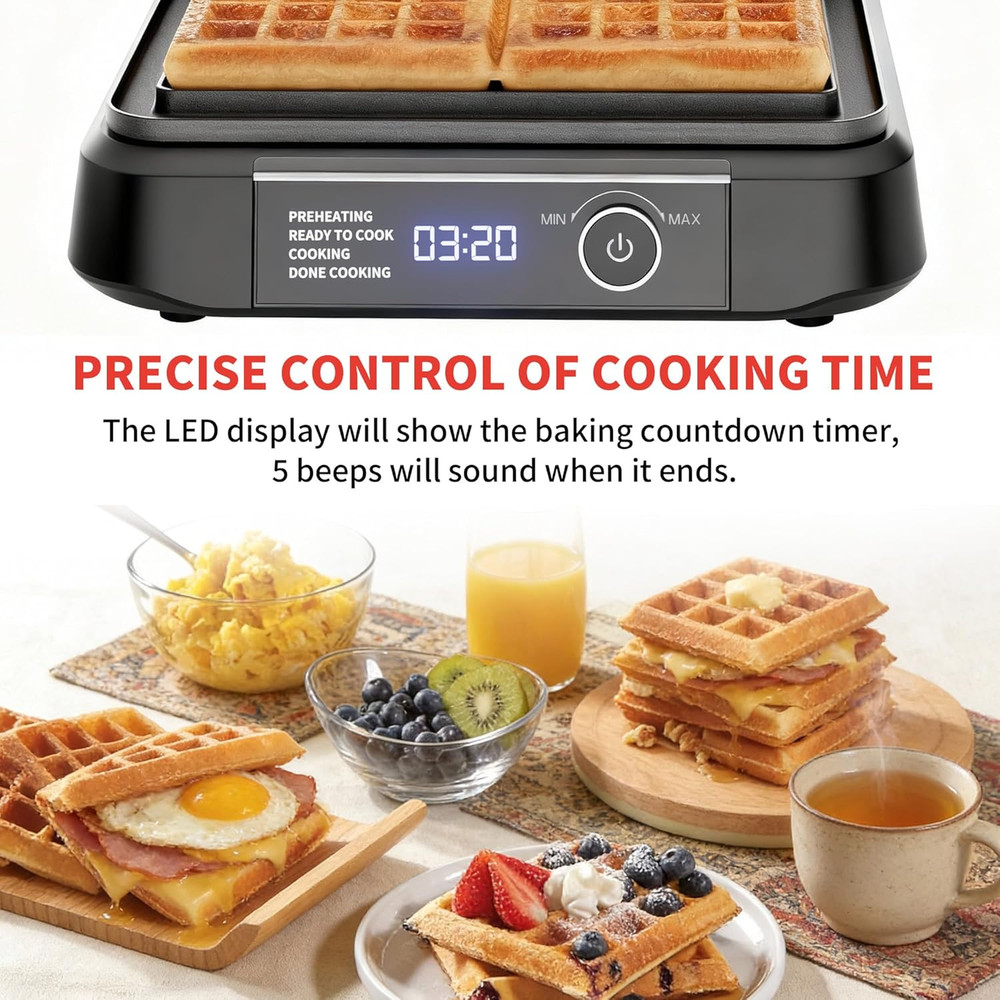 Waffle Maker, 1200W Belgian Waffle Maker, Dual Rectangular Thick Waffle Iron, 7-