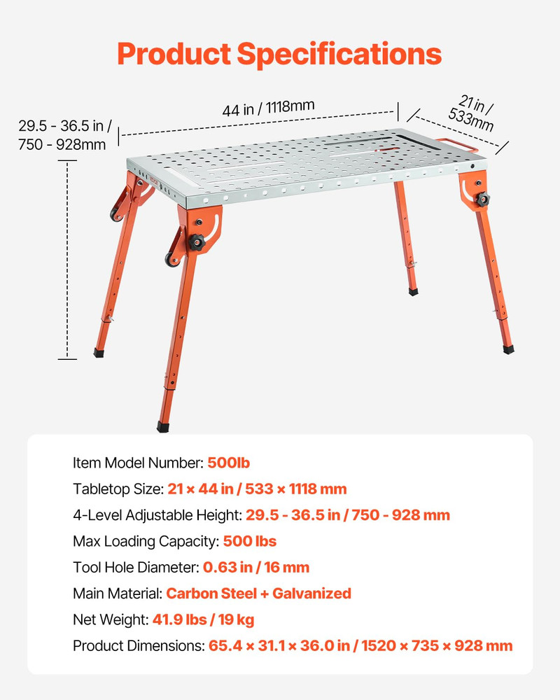 Foldable Welding Table 44" X 21", 500LBS Capacity Welding Workbench with 4-Level
