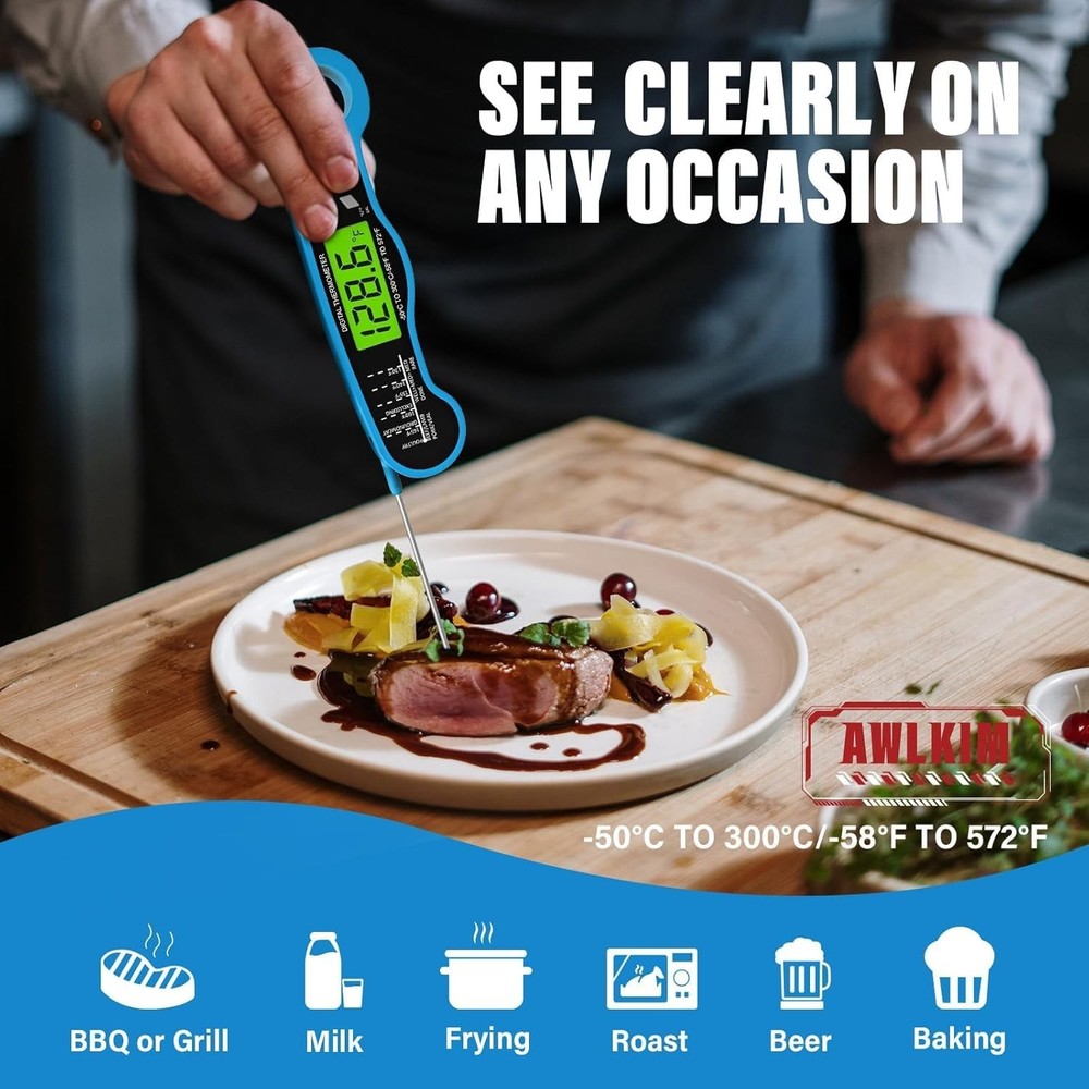 Blue Waterproof Digital Meat Thermometer with Fast Backlight Reading Feature