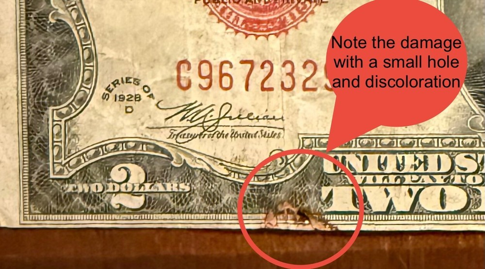 1928 D $2 U.S. Red Seal Treasury Note Misaligned Obverse Print & Sheet Cut Error