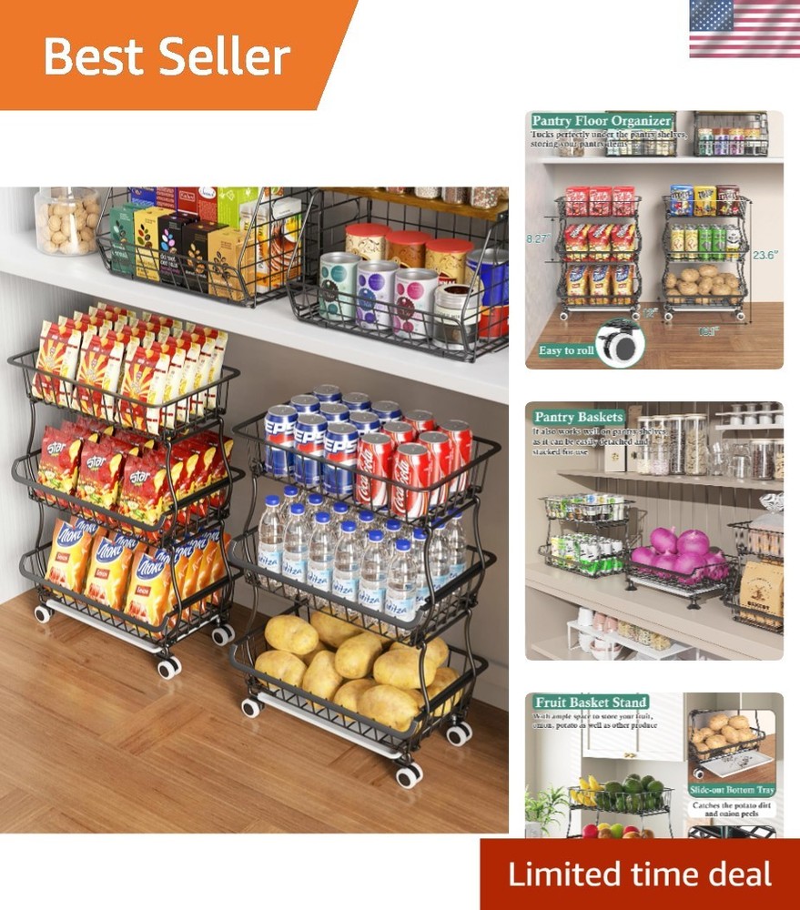 Pantry Storage Cart Fruit Basket Stand 3 Tier Stackable Wire Basket Organizer
