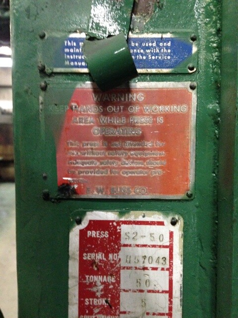 50 TON BLISS MODEL S2-50 STRAIGHT SIDE DOUBLE CRANK PRESS: YODER #19490