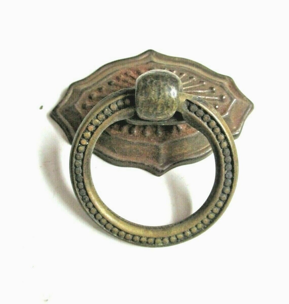 Small 1900s Aged Dark Brass Plated Drop Ring Pull Handle & Backplate 1 Antique