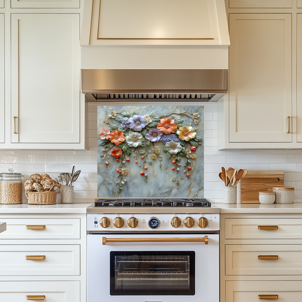 Floral Wall Print Backsplash, Tempered Glass Kitchen Backsplash
