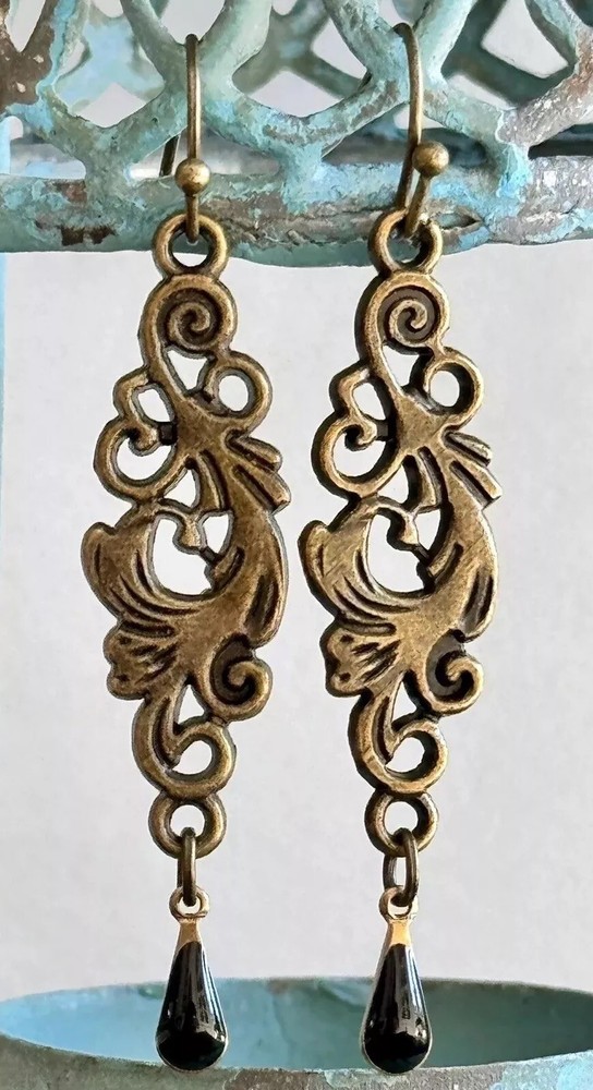Etched Bronze Design with Black Teardrop Dangle Earrings.