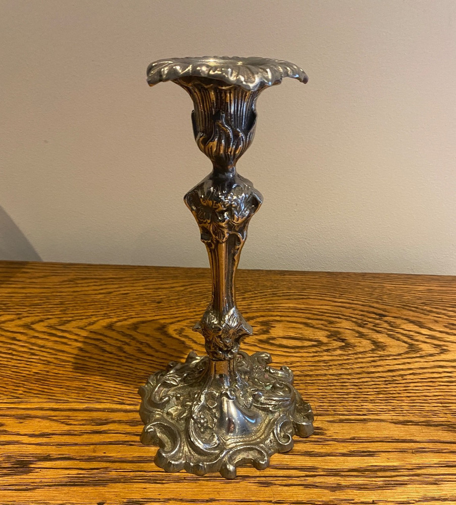 ANTIQUE LARGE SILVER PLATED ROCOCO STYLE CANDLESTICK