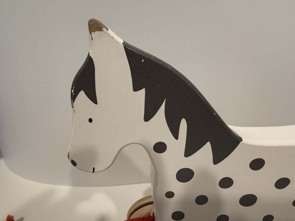 Vintage Goki Horse Pull Toy White With Black Mane And Spots Red Pull String