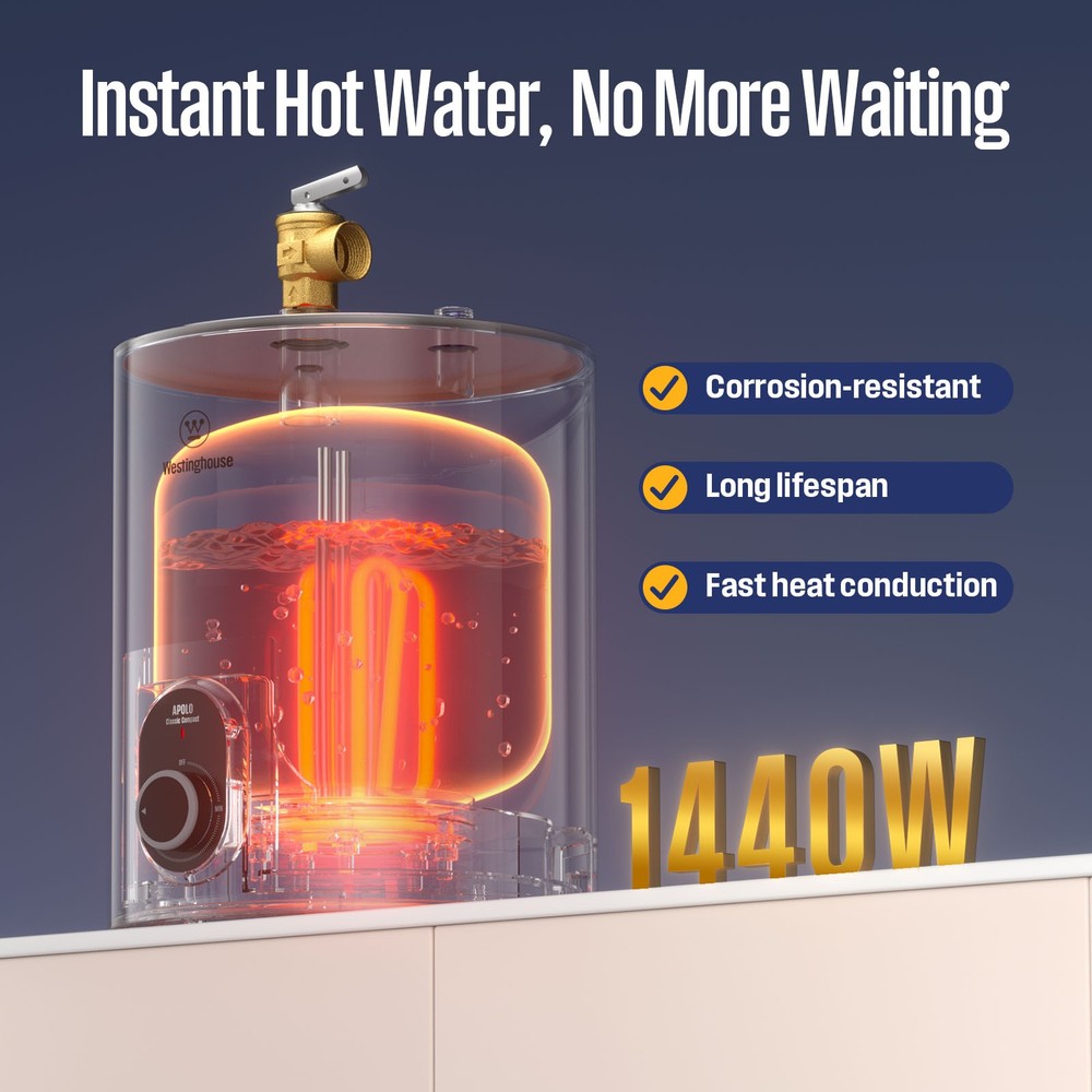 1.5 Gallon Electric Mini Tank Hot Water Heater 1440W Compact Storage Tank Heater