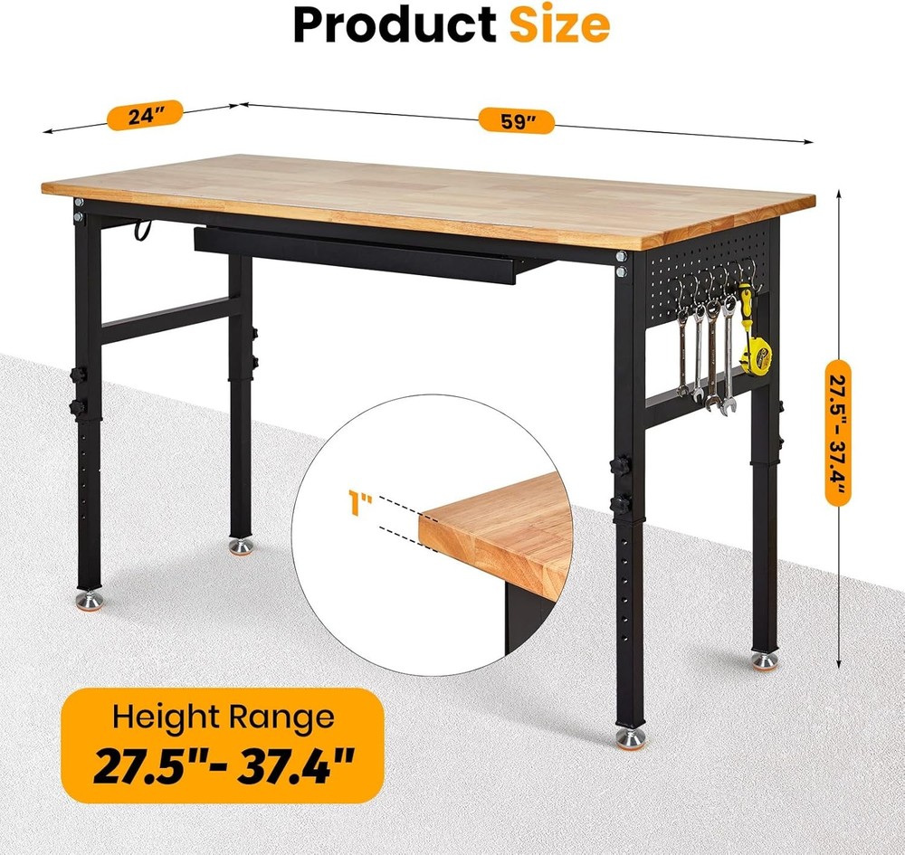 60" Adjustable Workbench with Drawer Work Table for Garage, Office, Home