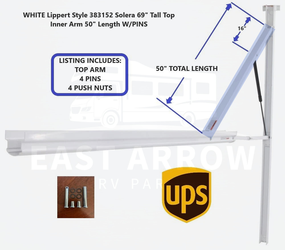 WHITE Lippert Style  383152 Solera 69" Tall Top Inner Arm 50" Length W/PINS