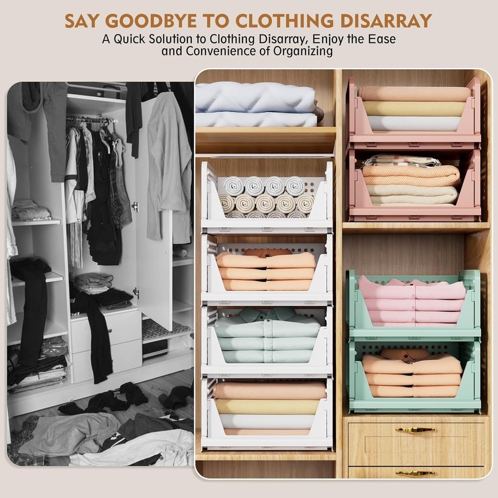 5 Pack Stackable Closet Storage Basket, Multifunctional & Foldable Closet Organi