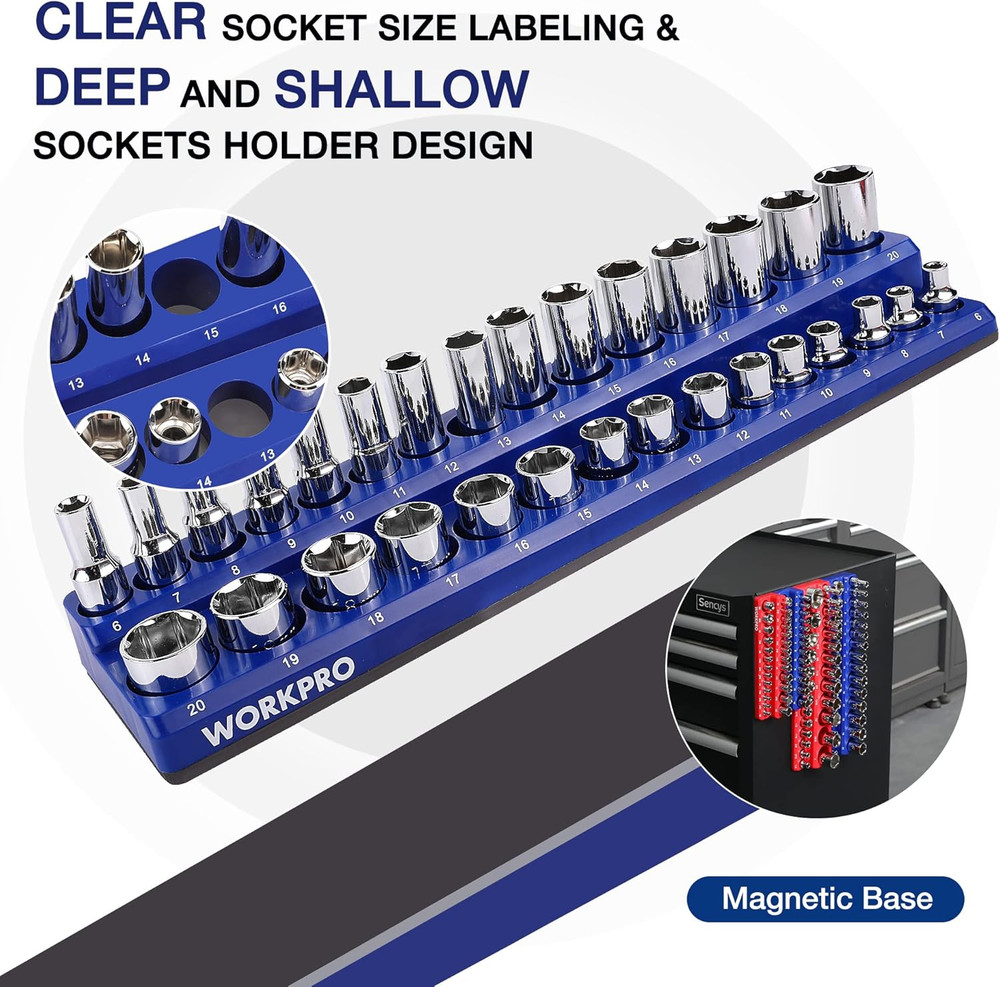 Magnetic Socket Organizer Set, 4-Piece Socket Holder Set Includes 1/4", 3/8" Dri