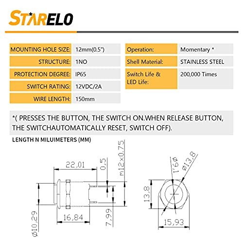 5pcs 12mm Momentary Push Button Switch Silver Shell with pre 12mm Silver Shell