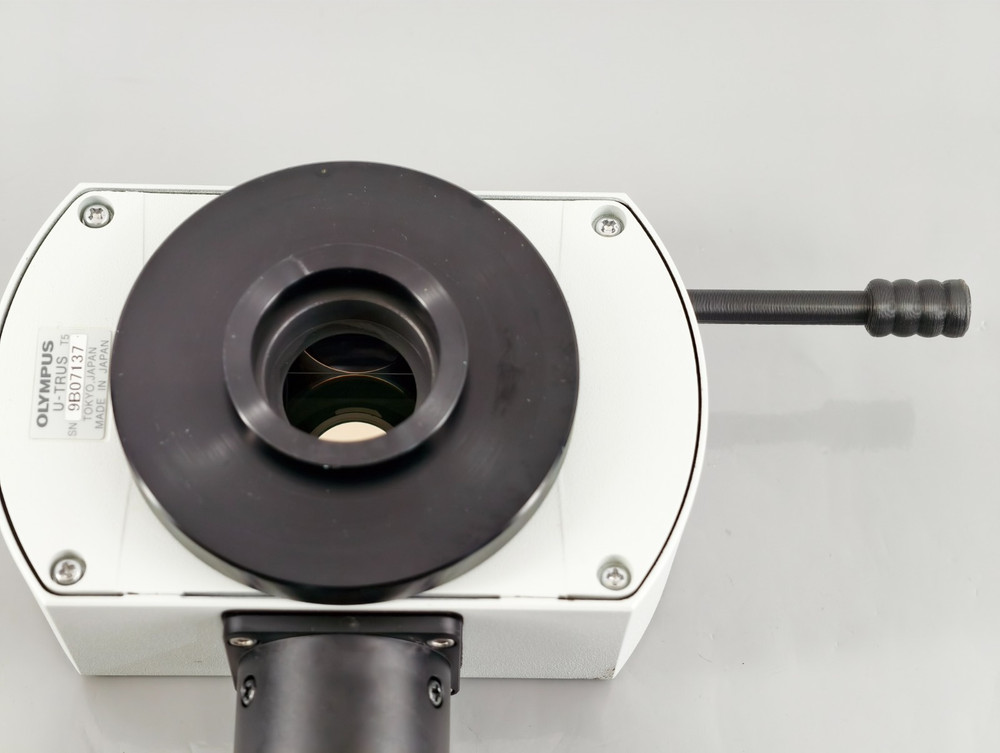 Olympus Microscope U-TRUS with Riser and Optem 0.5x C Mount Camera Adapter