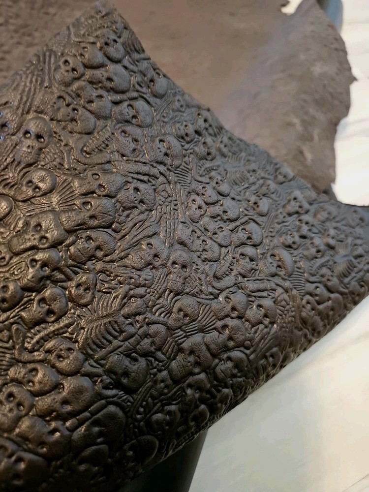 VEGETABLE TAN SKULL & BONES EMBOSSED BROWN LEATHER HIDE SOFT SHEET,PANEL,CUT