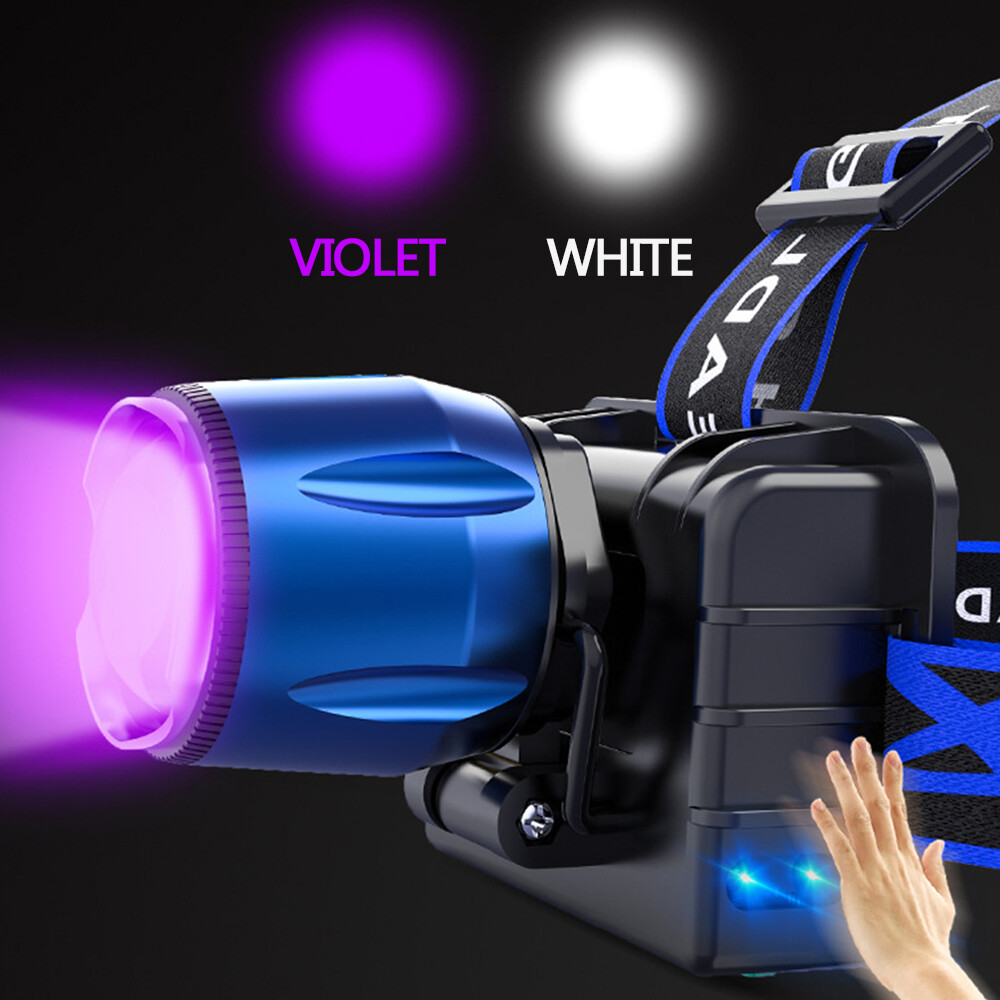 LED Dual Light Source UV LED Headlamp White Headlight Torch Purple Flashlight