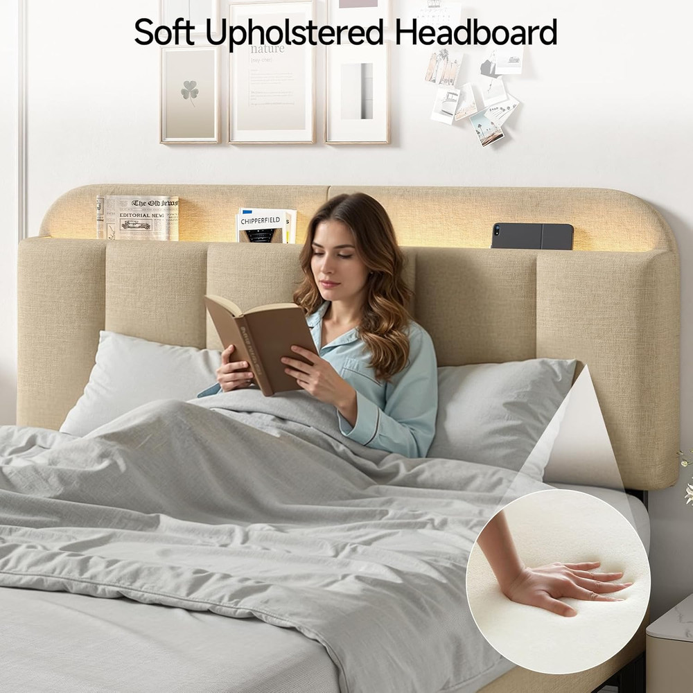 Queen Size Adjustable Headboard, Upholstered Headboard with Storage, APP Control
