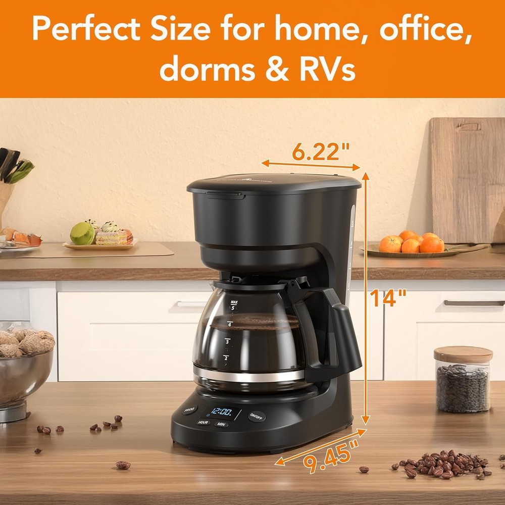 5 Cup Programmable Drip Coffee Maker w/ Timer Auto Shut-Off Black