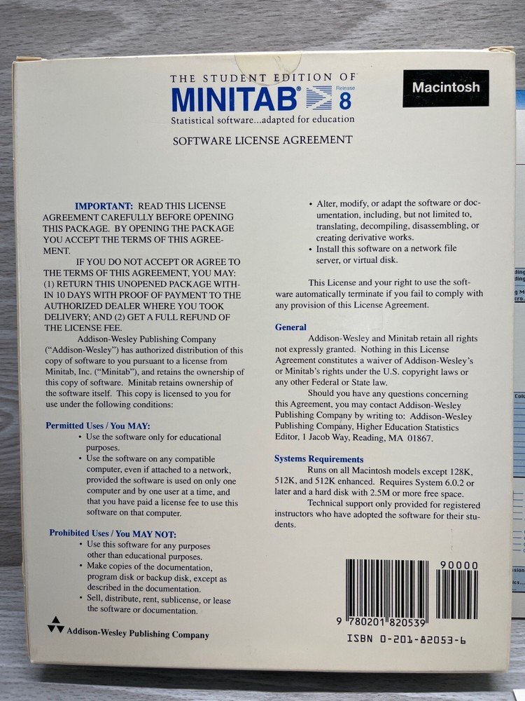 Minitab 8 Student Edition Macintosh Statistical Software Vtg 3.5" Floppy Disk