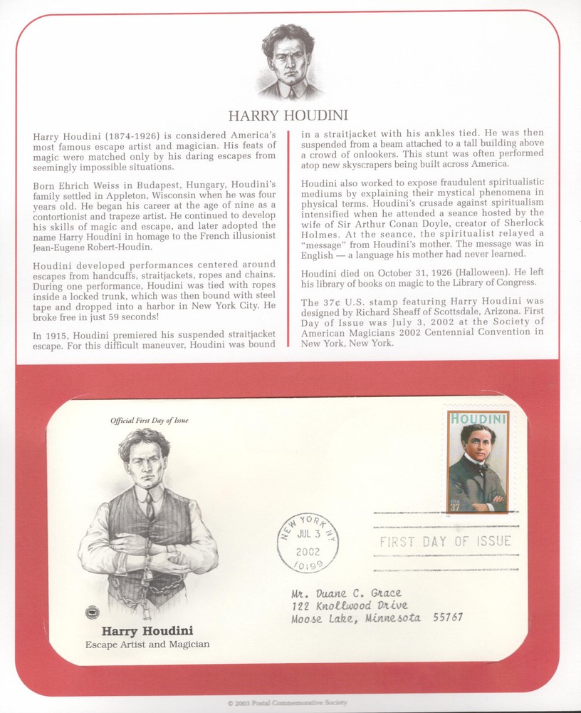 2002 FDC on Information Page - Magicians - Harry Houdini
