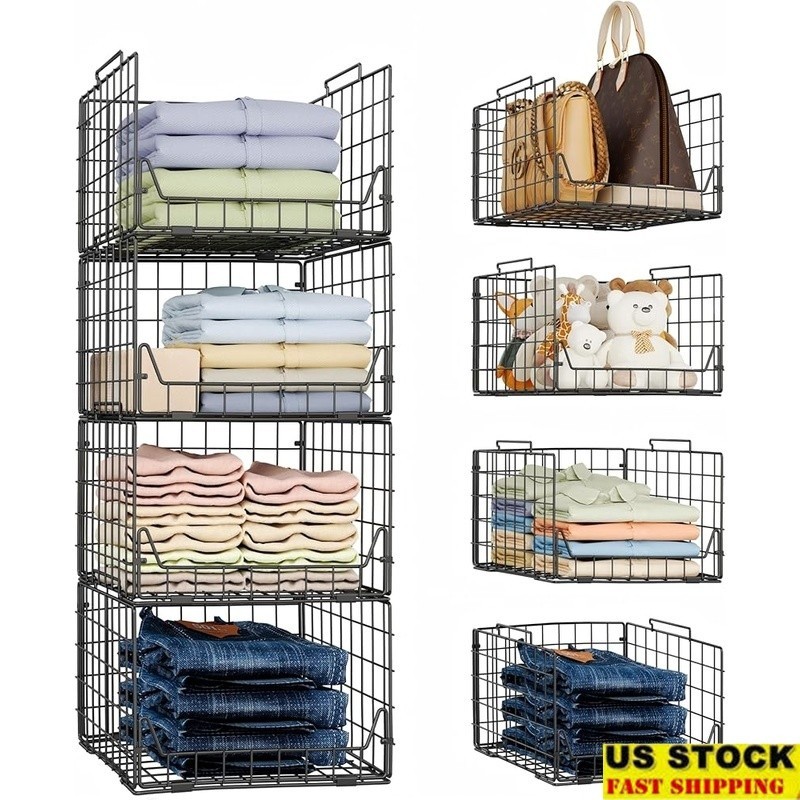 Stackable Storage Baskets Set of 4 Durable Closet Organizer Easy Foldable Use