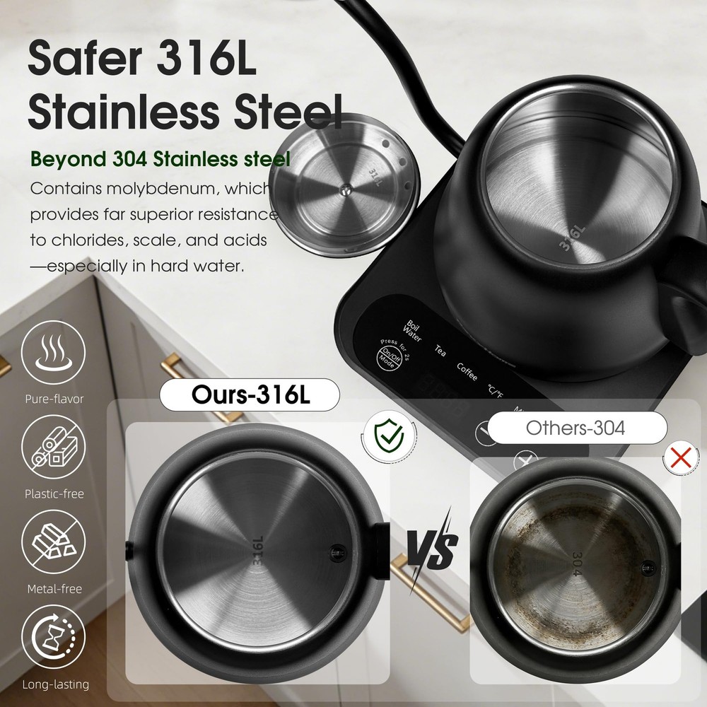 Gooseneck Kettle Temperature Control: ±1℉ Precise Target & Keep Warm, Quick H...