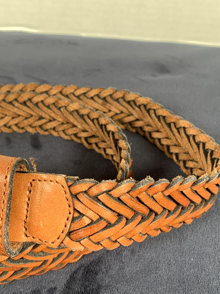 Vintage Womens Braided Belt Leather Brown Medium Solid Silver Tone Buckle Nice