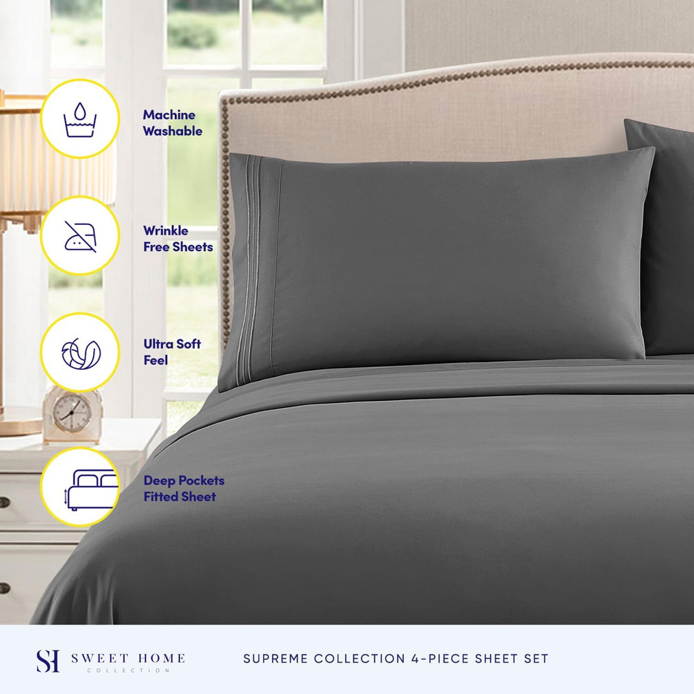 Queen Bed Sheets Set Gray Extra Soft Deep Pocket with Corner Straps
