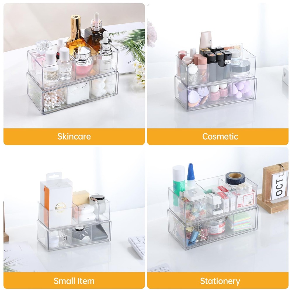 Medicine Cabinet Organizer 2 Pack, Stackable Storage Drawers with Removable D...