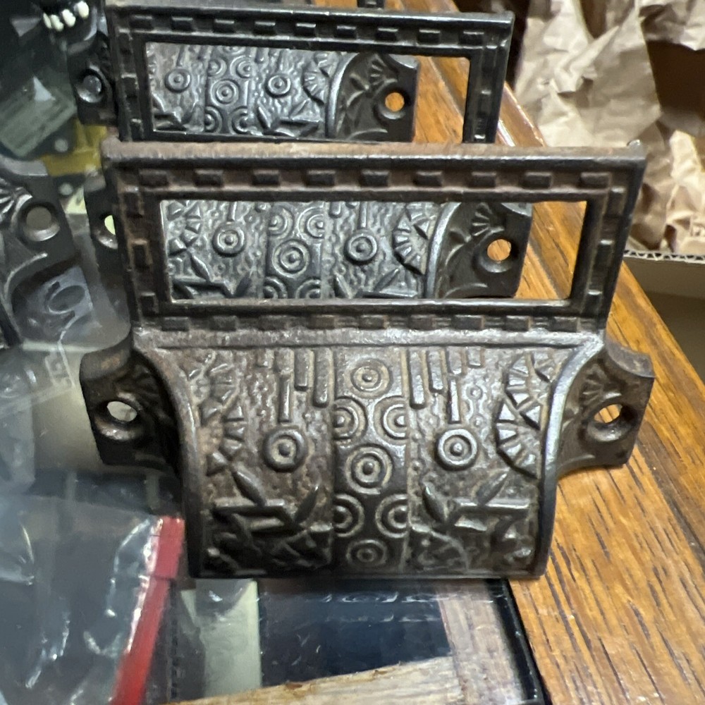 NOS set 6 c1870 matching authentic VICTORIAN cabinet pull hardware name plate