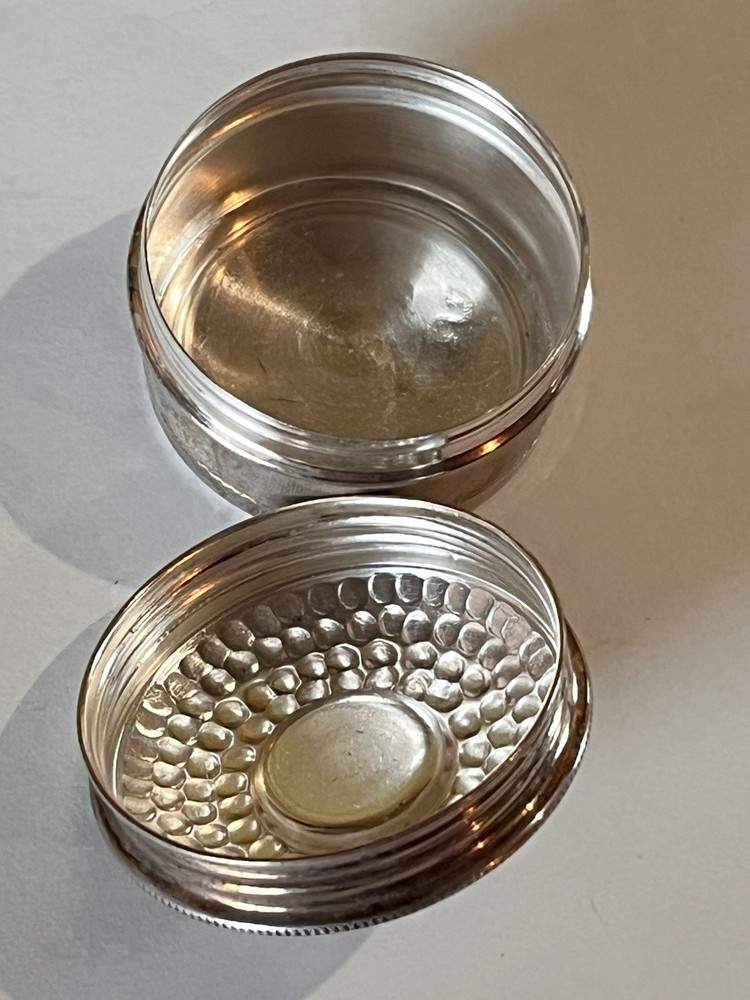 Sterling Silver Small Round Pill, Kumkum,Or Dabi Box. Hammered Lid W/ Raw Ruby