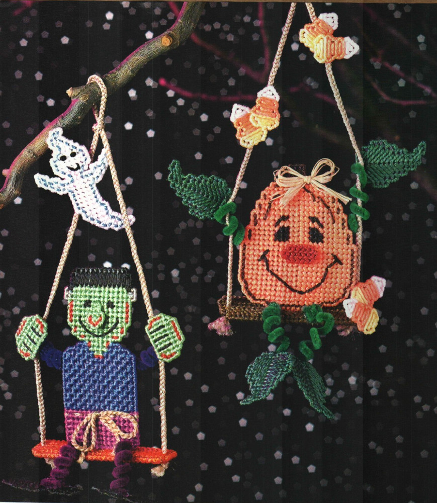 SWINGING INTO HALLOWEEN FRANKENSTEIN PUMPKIN PLASTIC CANVAS PATTERN INSTRUCTIONS