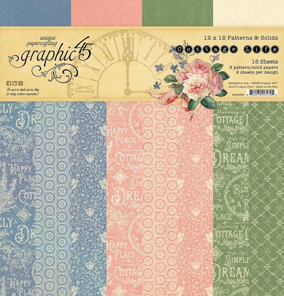 Graphic 45, Cottage Life, 16 Sheets, 8 Pattern/Solids, 2 Sheets Per Design