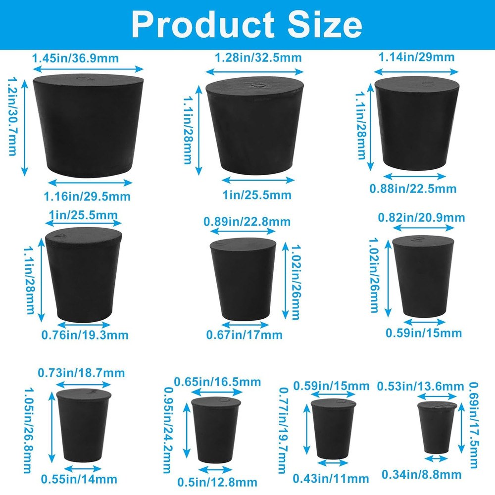 29PCS Solid Rubber Stoppers 000#–6# Assorted Sizes Tapered Lab Bungs Black
