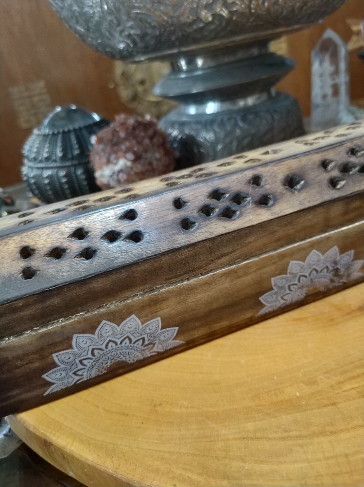 Incense stick & cone holder, burner. Compartment for sticks. Mandala pattern