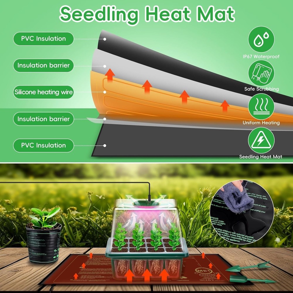 Seed Starter Trays with Full Spectrum Grow Light & Heating Mat - 5 Pack