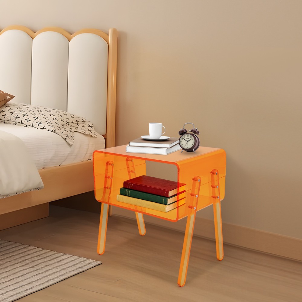 Acrylic Side Table, Orange 2-Tier End Table with Open Storage for Small Spaces