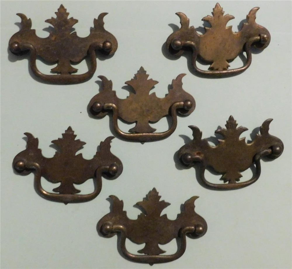 6 vintage matching drop handle brass drawer pulls