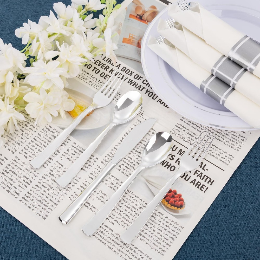EI 60Pack Pre Rolled Silver Plastic Silverware Disposable Rolled Cutlery with...