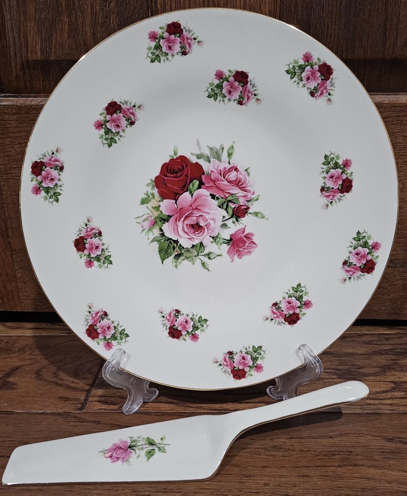 NEW! Baum Bros Formalities Rose Cake Plate w/Matching Server Ceramic