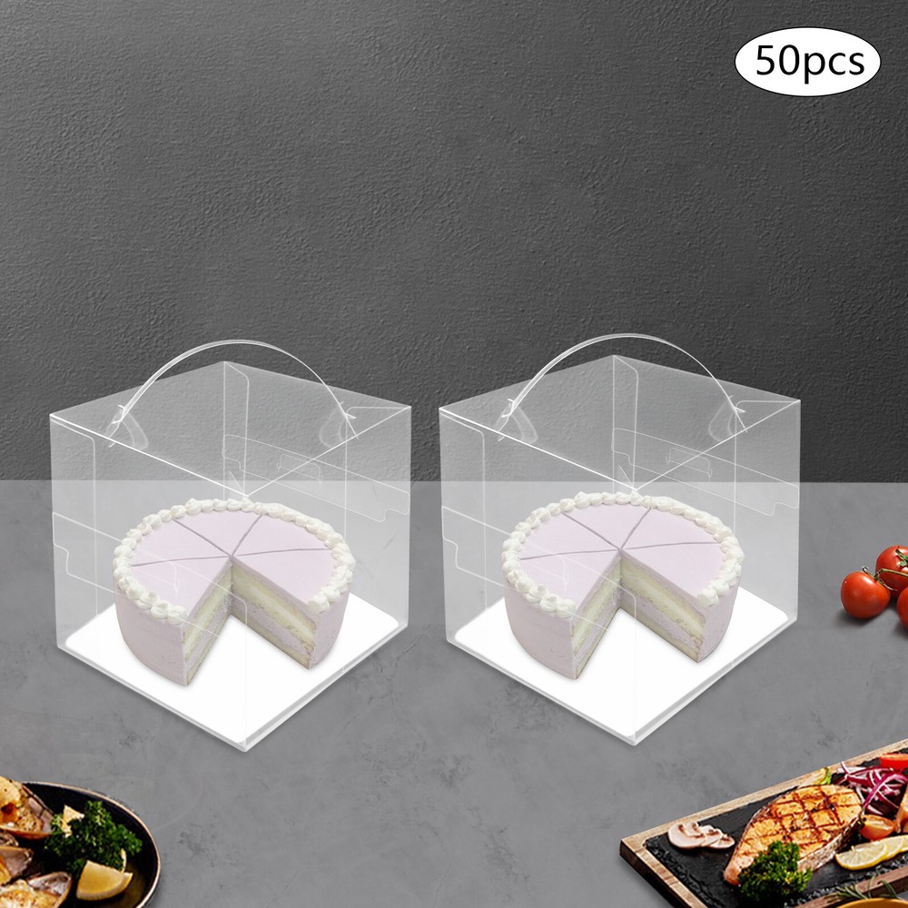 50 Pcs Clear Cake Boxes, Square Clear Cake Boxes, Cake Carrier with Handle
