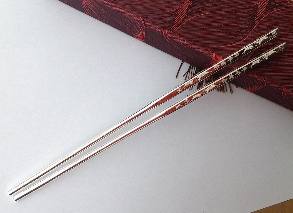 Chinese Authentic Sterling Silver 70g Home Tableware Solid Chopsticks 年年有余(鱼)