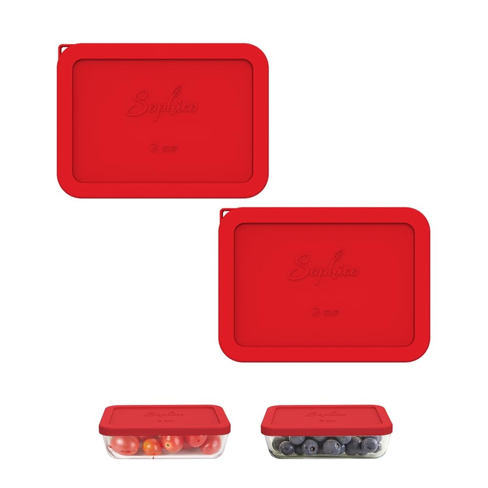 Sophico 3 Cup Rectangle Silicone Storage Cover Lids Replacement RED - 2 PACK