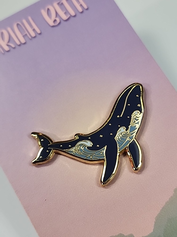 Whale Lapel Pin Night Sky Ocean Waves