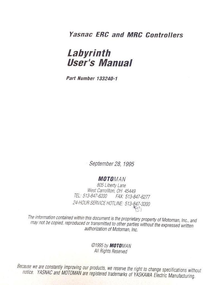 Motoman Yasnac ERC & MRC Controller Labyrinth User's Manual