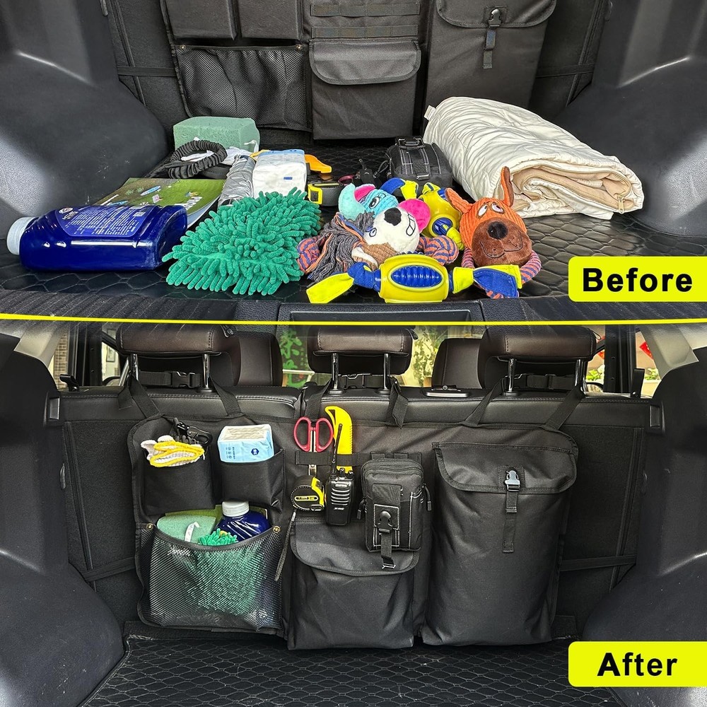 Car Trunk Organizer with Multiple Storage Compartments, Mesh Pockets, Black