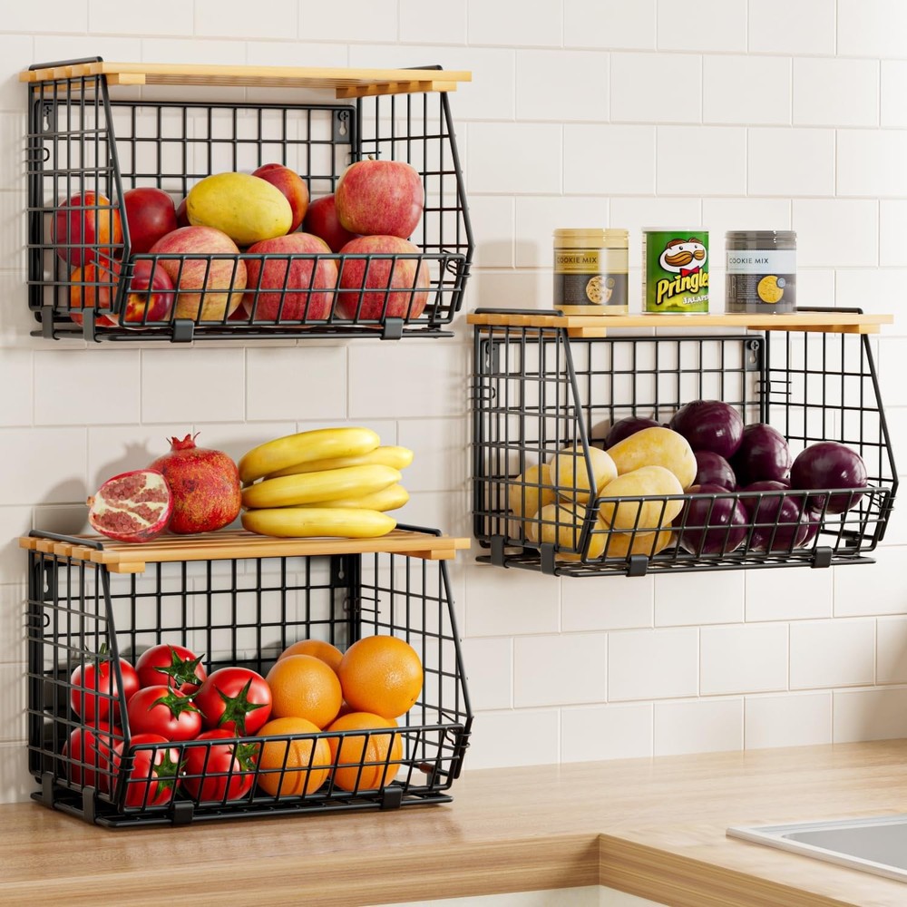 3 Pack Wire Fruit Basket for Kitchen Storage Hanging Counter Basket for Pantry