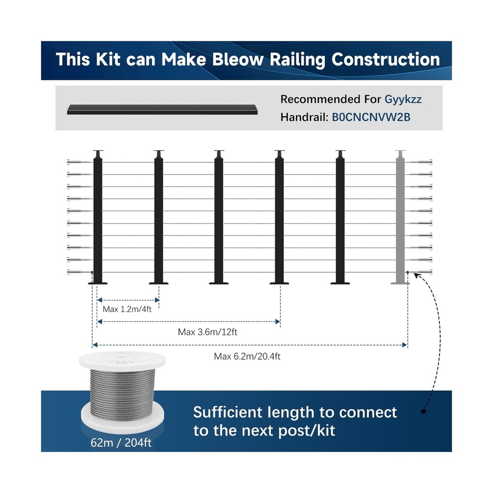 36" One-Stop Cable Railing Post Kit, 5Pack Level Drilled Line Post, Adjustabl...